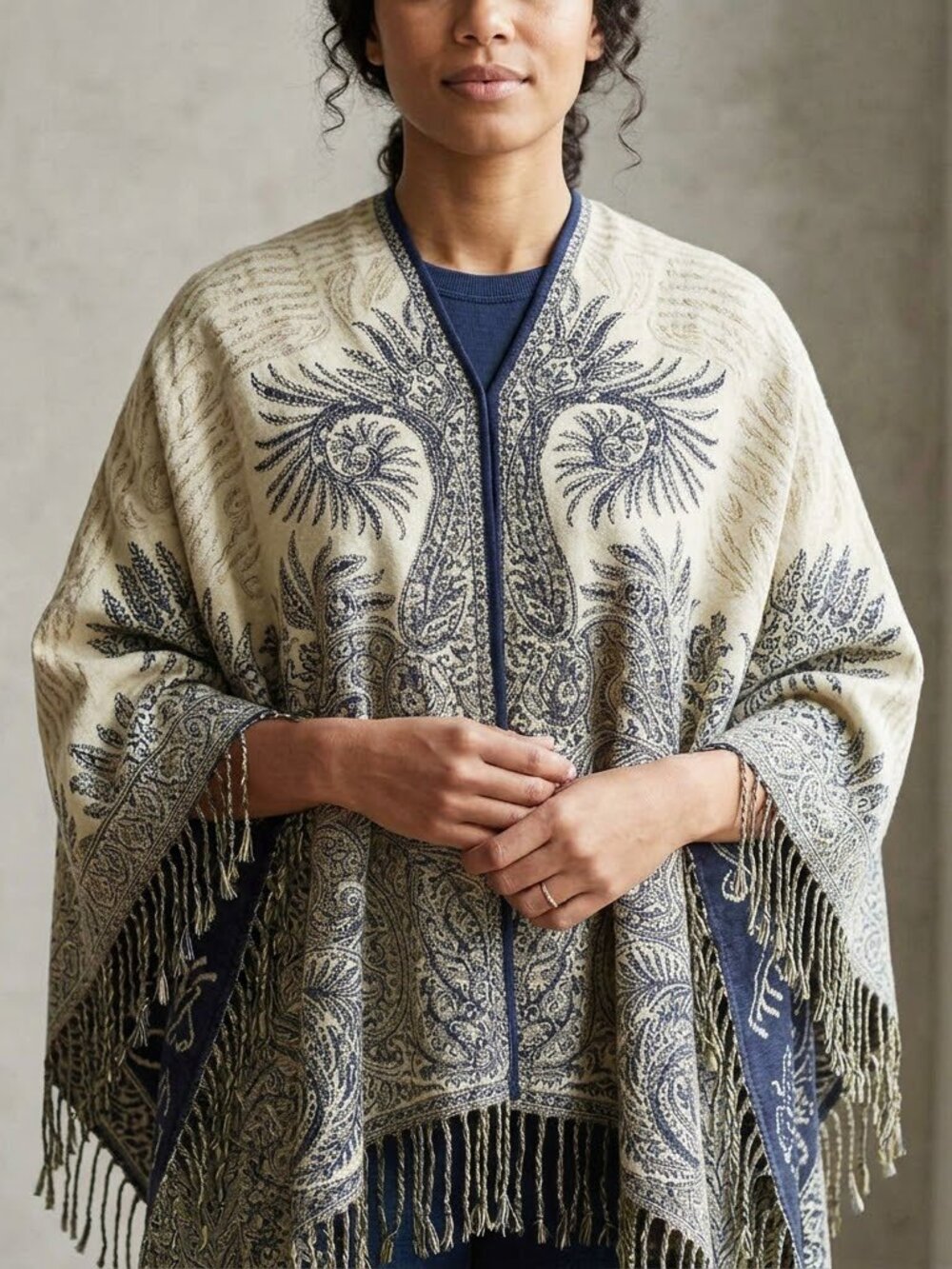Reversible Paisley Poncho Shawl Navy & Cream Fringe Wrap - Boho Evening Cape